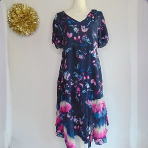 Tanya Taylor Womens A Line Dress Blue Floral High Low V Neck Short Sleeve 12